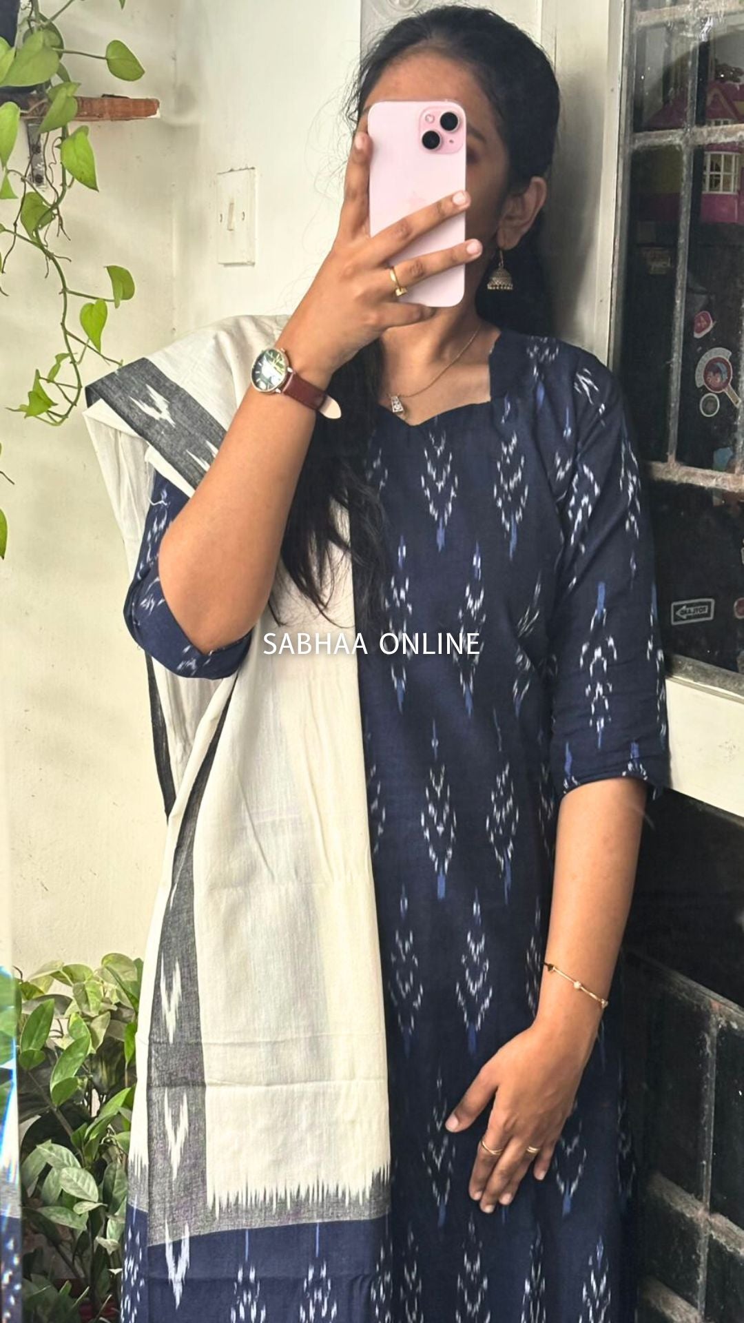 Rincy - Navy blue Ikkat Handloom Cotton kurti 3pc set with lining (Size M 38 only)