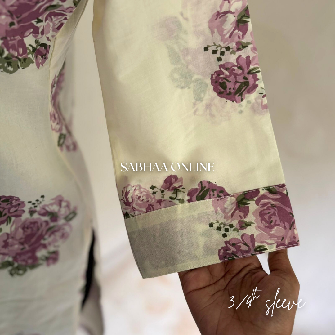 Lima - Off white and Lavendar Cotton kurti pant set with lining- LN 21