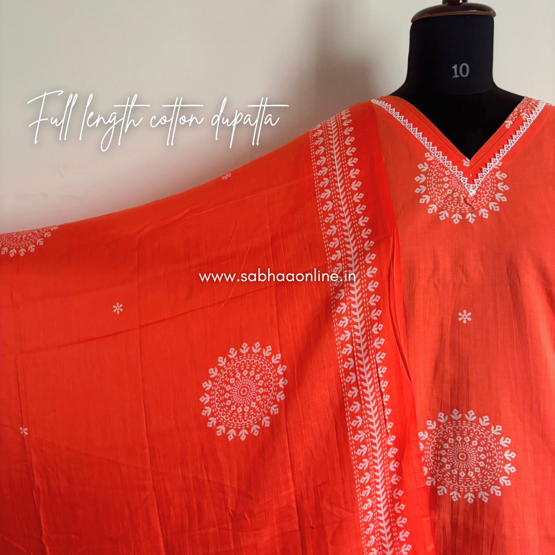 Tangerine - Bright Kesari Orange Cotton kurti 3pc set with lining - LN 66