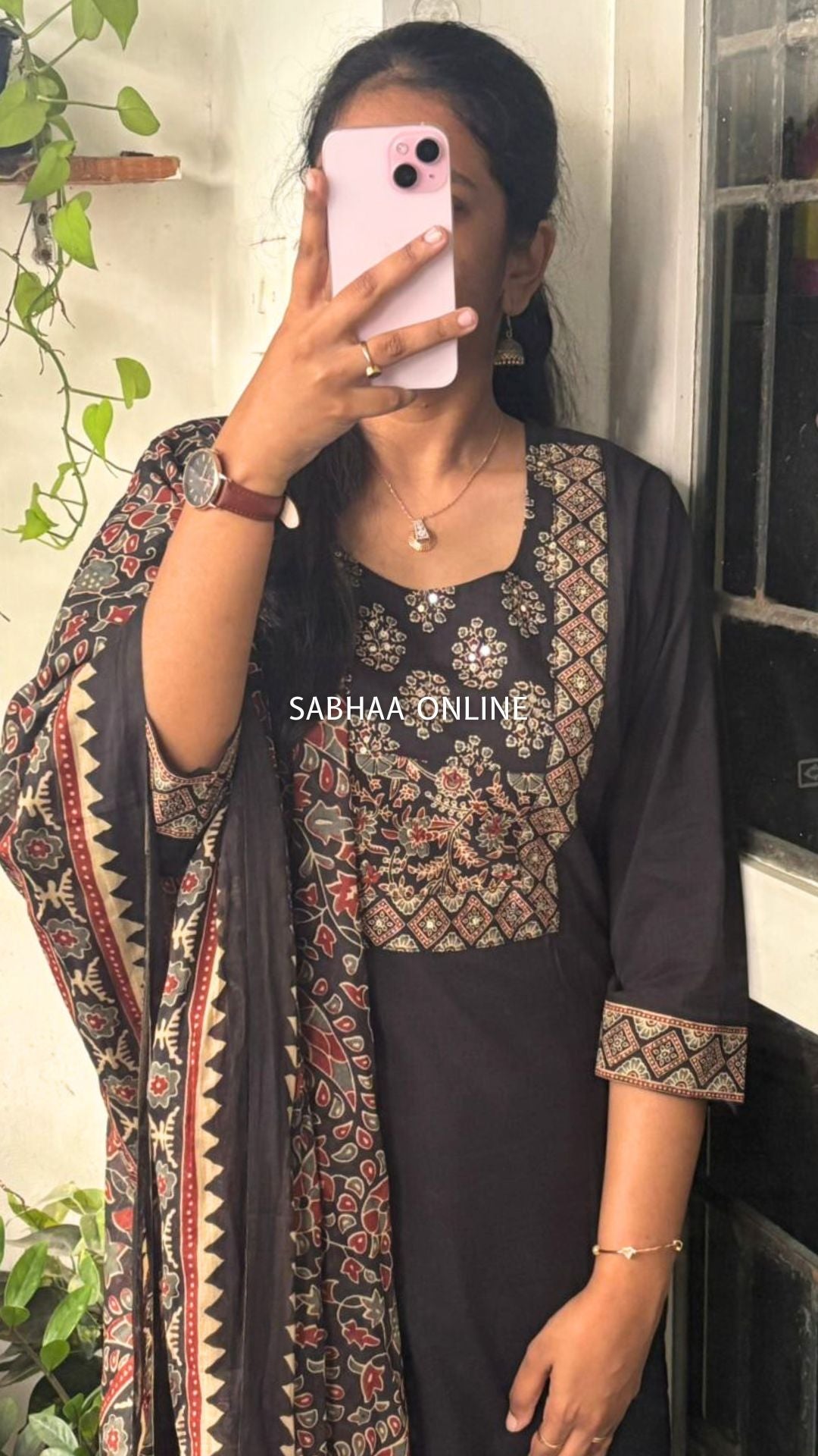 Rana - Black Solid + Ajrak printed Cotton Kurti 3pc set