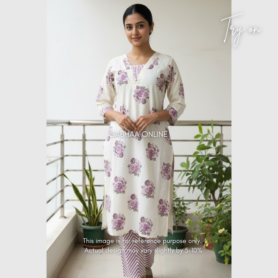 Lima - Off white and Lavendar Cotton kurti pant set with lining- LN 21