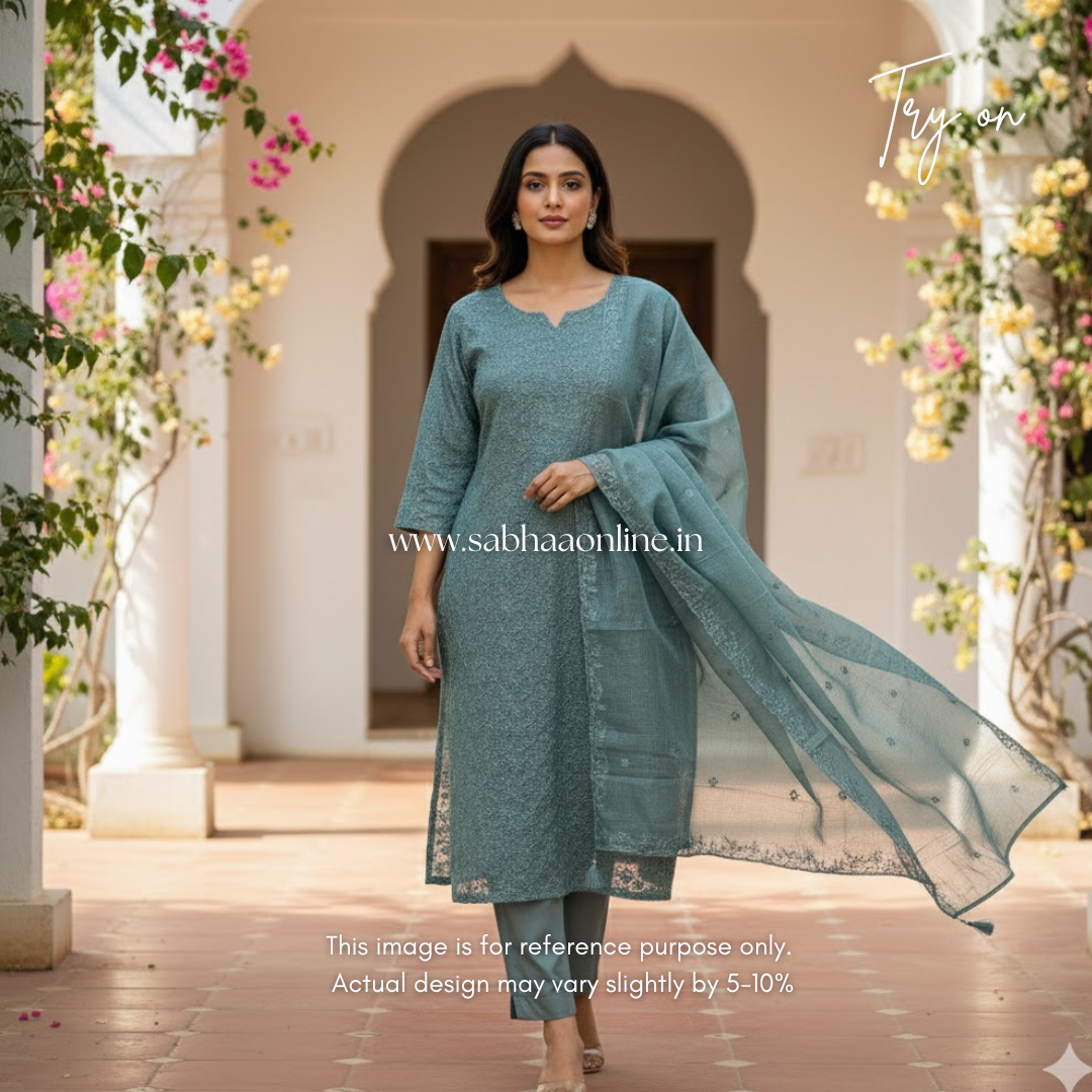 Yalina - Muted Teal Net Cotta kurti 3pc set with lining - LN 31