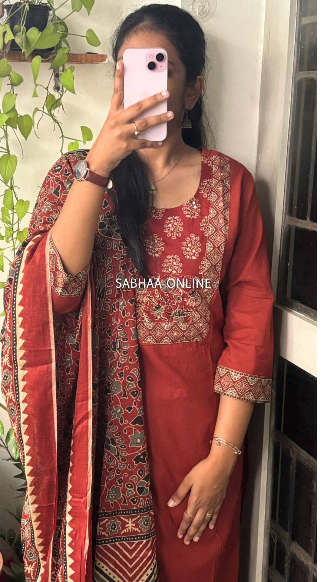 Rana - Brick red Solid + Ajrak printed Cotton Kurti 3pc set