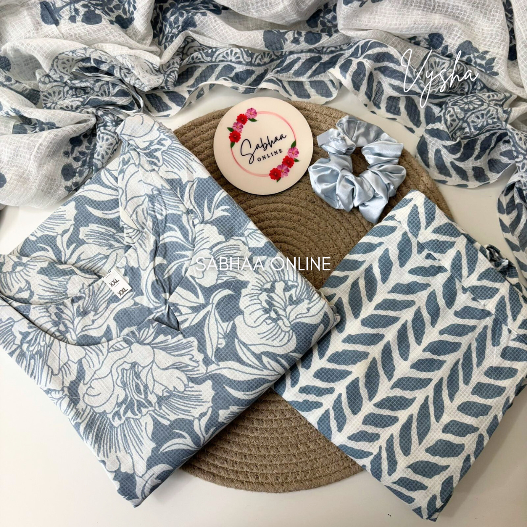 Vysha - Bluish Grey and White Cotton kurti 3pc set with lining - LN14