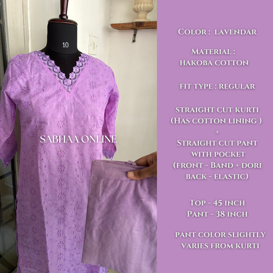 Lavender kurta with matching pants on a mannequin, with product details on the right.