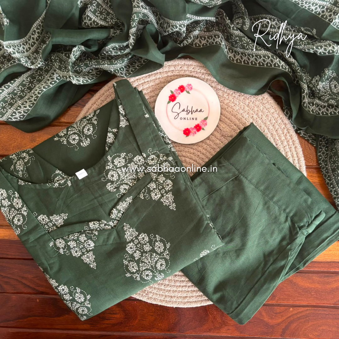 Ridhya - Forest Green Cotton kurti 3pc set with lining - LN 66