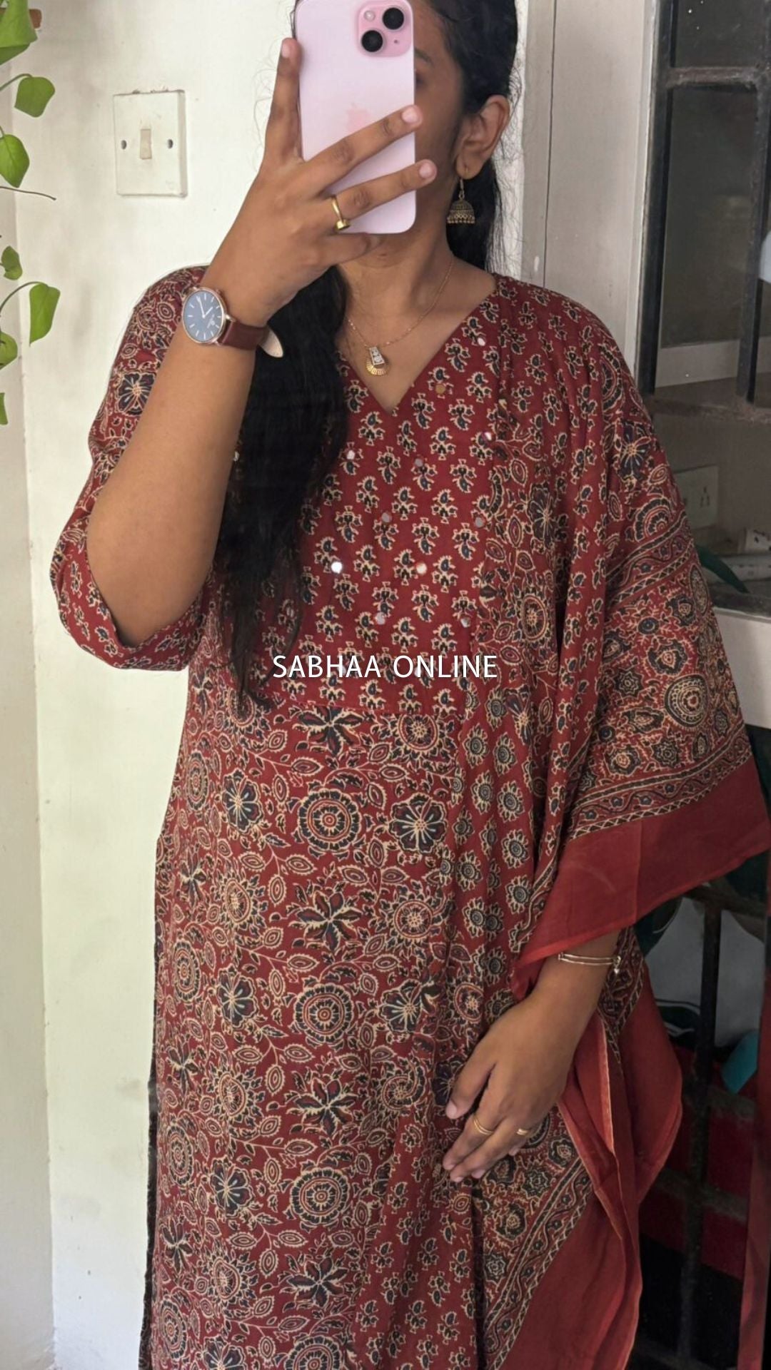 Theja - Brick red Ajrakh Cotton kurti 3pc set with lining