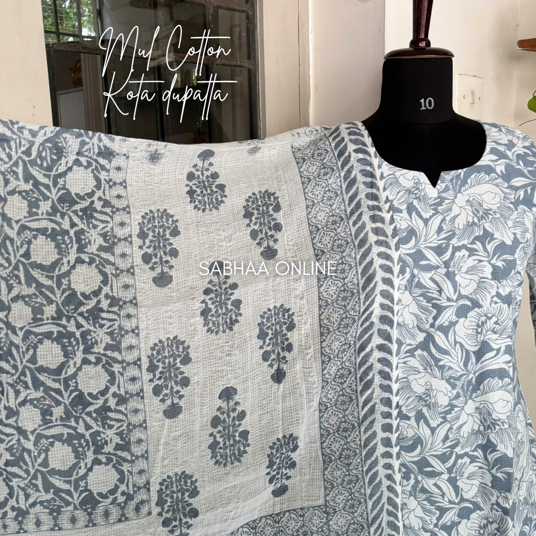 Vysha - Bluish Grey and White Cotton kurti 3pc set with lining - LN14
