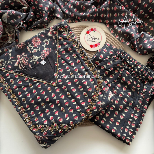 Ashna - Charcoal Black hand worked Cotton Anarkali 3pc set - LN 31