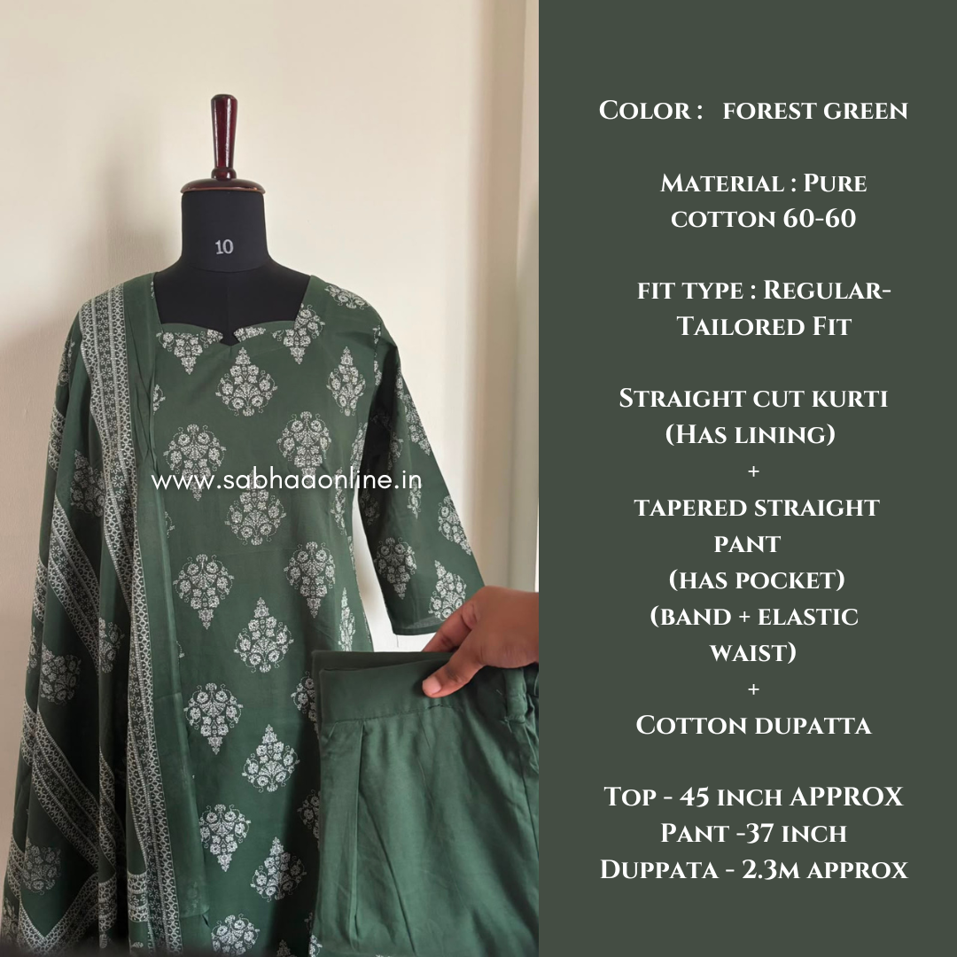 Ridhya - Forest Green Cotton kurti 3pc set with lining - LN 66