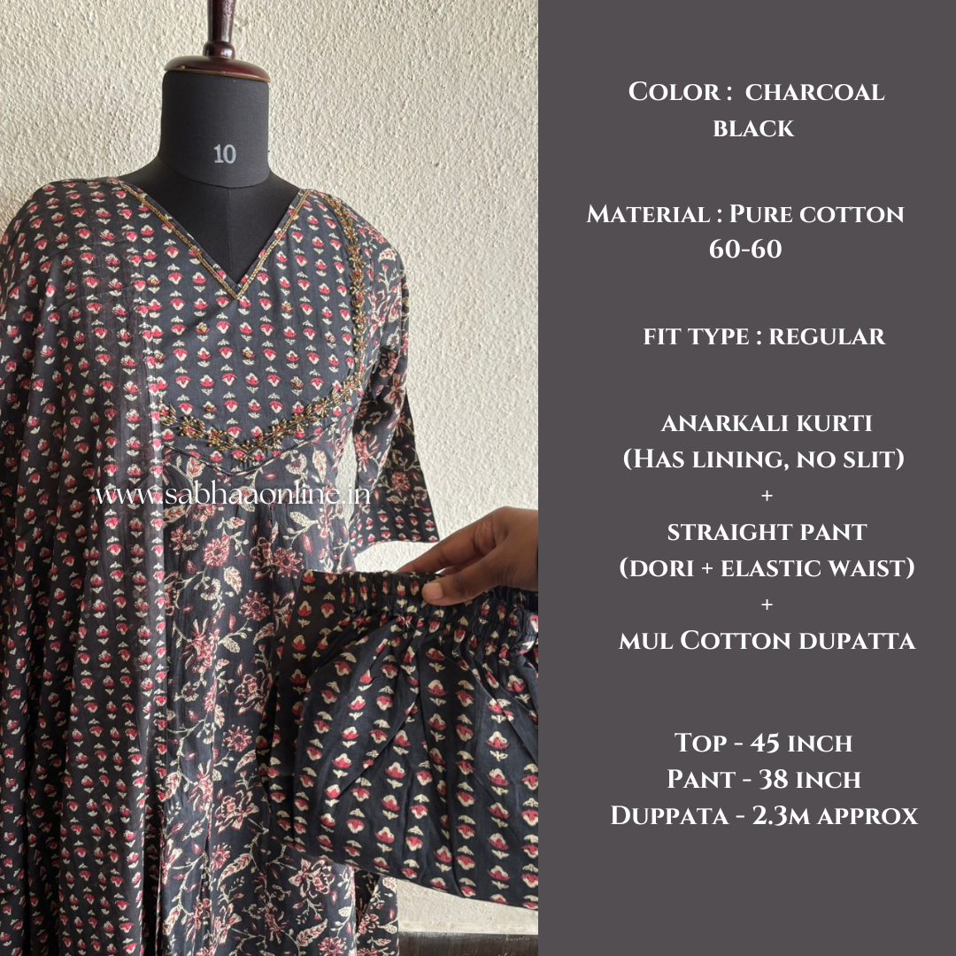 Ashna - Charcoal Black hand worked Cotton Anarkali 3pc set - LN 31