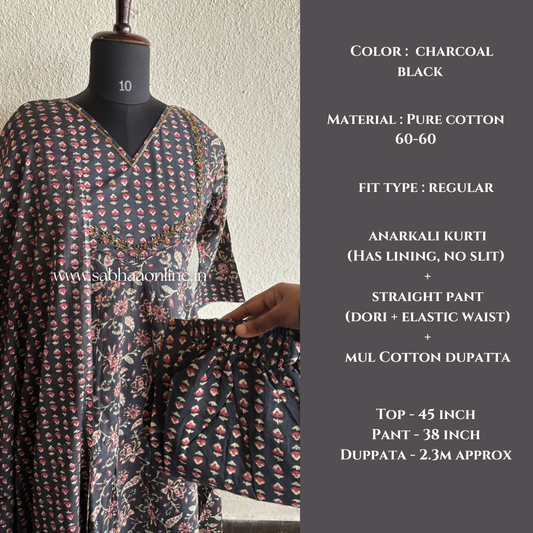 Ashna - Charcoal Black hand worked Cotton Anarkali 3pc set - LN 31