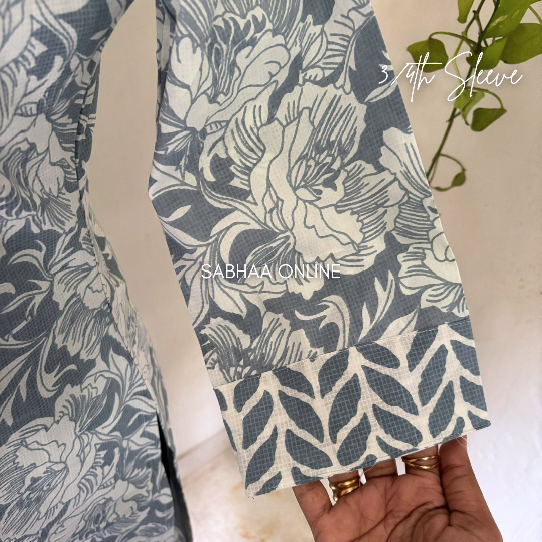 Vysha - Bluish Grey and White Cotton kurti 3pc set with lining - LN14
