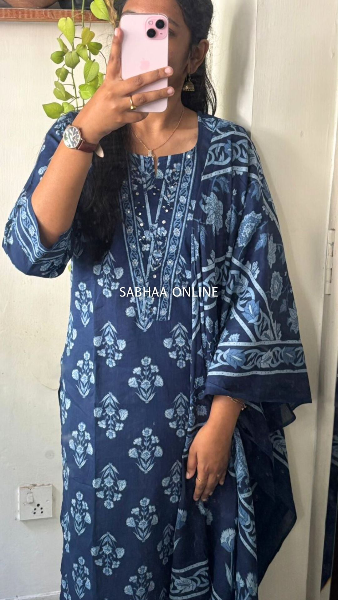 Sloka - Navy Blue Cotton Kurti 3pc set