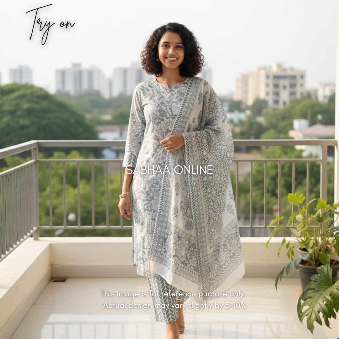 Vysha - Bluish Grey and White Cotton kurti 3pc set with lining - LN14