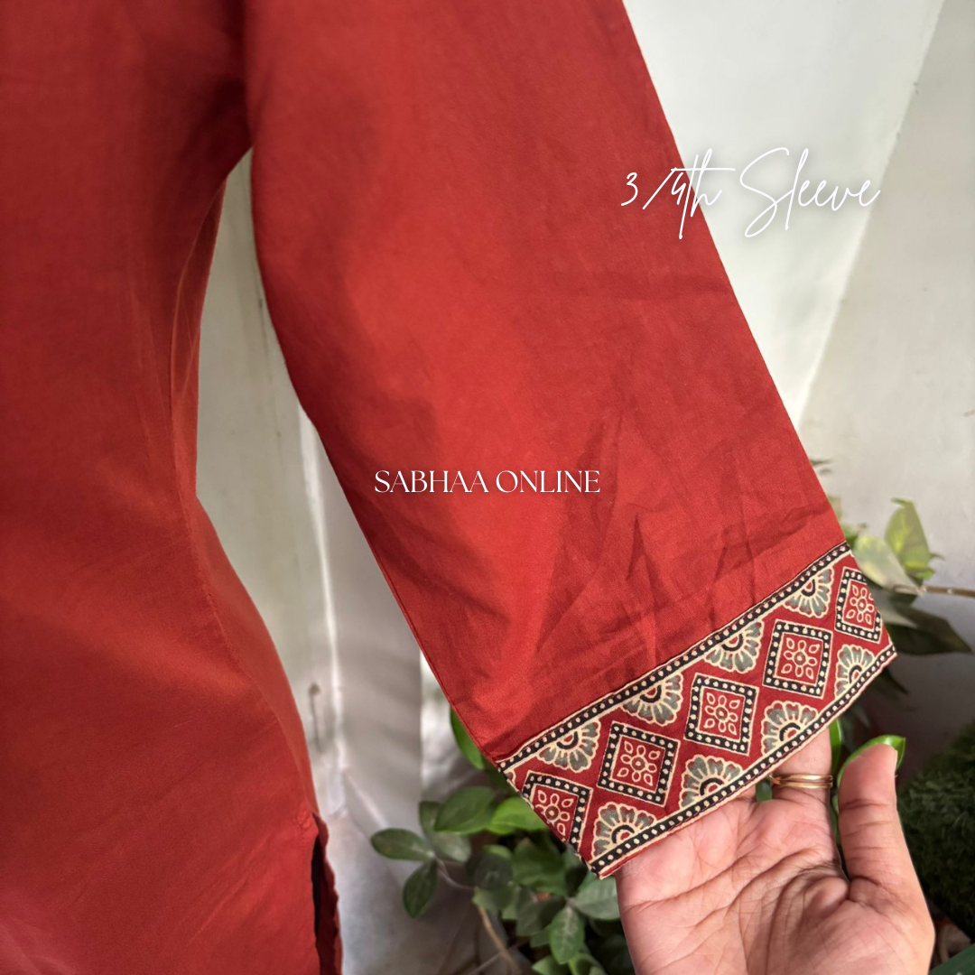 Rana - Brick red Solid + Ajrak printed Cotton Kurti 3pc set