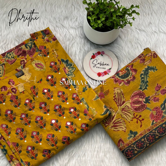 Dhrithi - Amber Yellow Cotton Kurti + dupatta set (Size L 40 only)