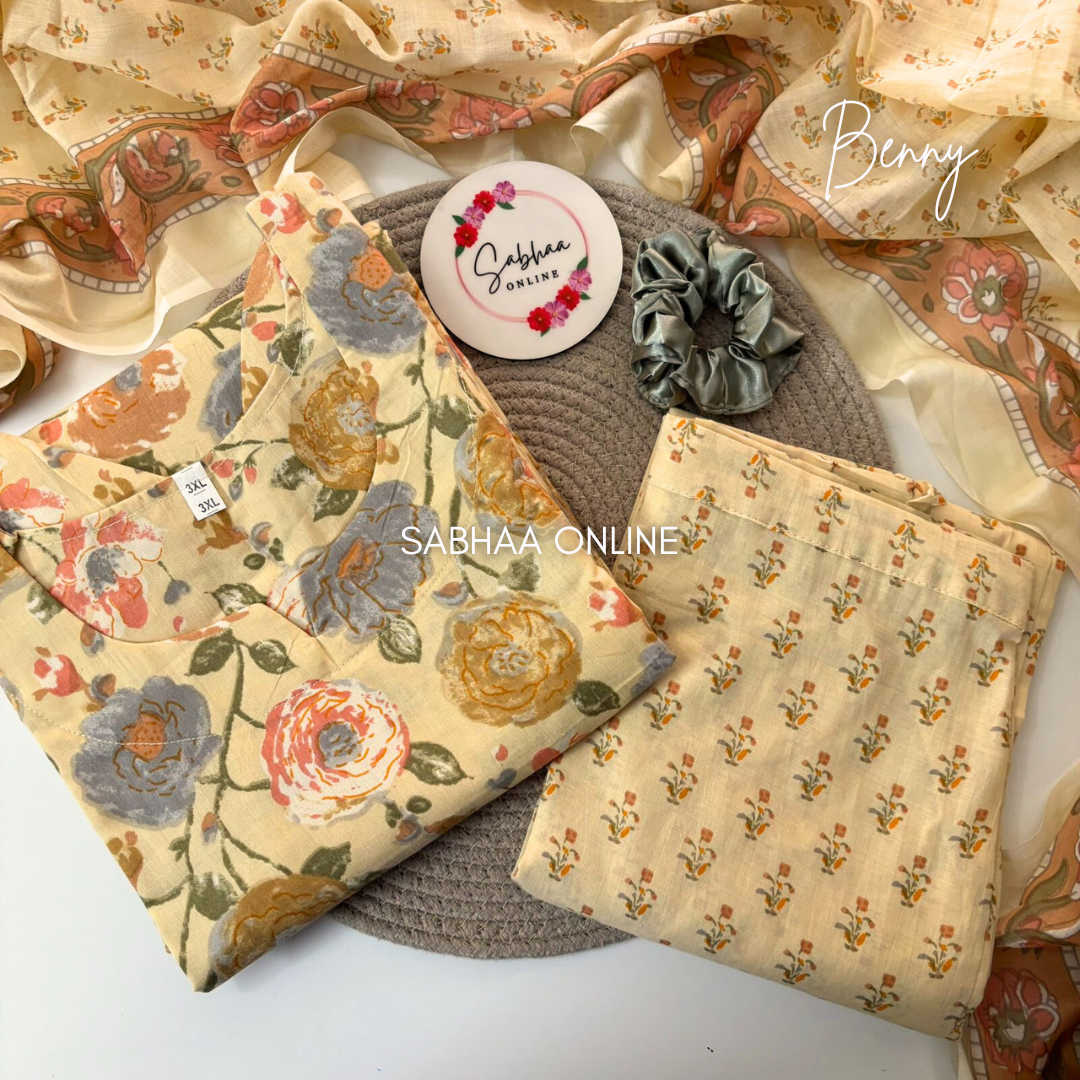 Benny - Butter Yellow Cotton Kurti 3pc set with lining - LN14