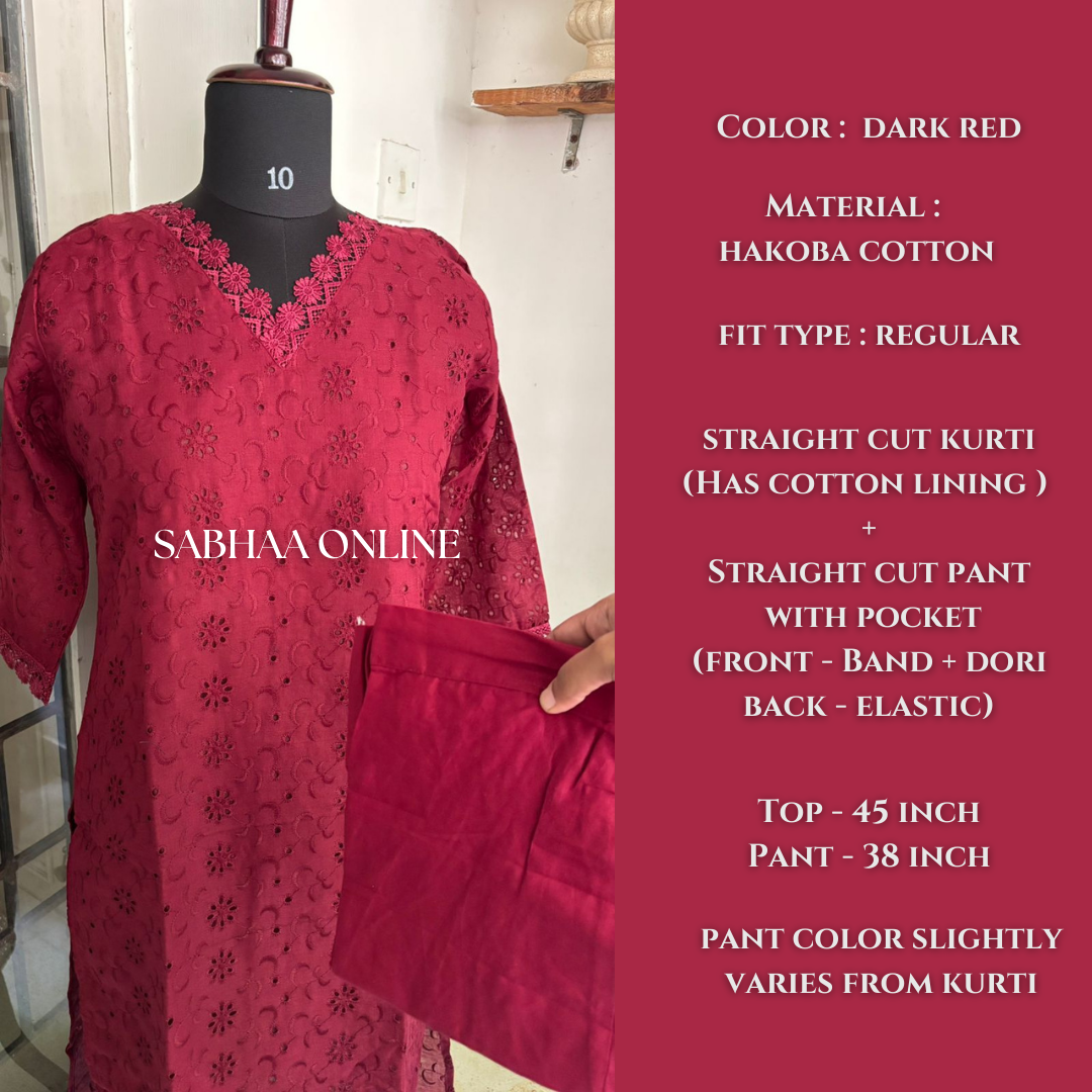 Huda - Deep Red Hakoba Cotton kurti pant set - LN 22