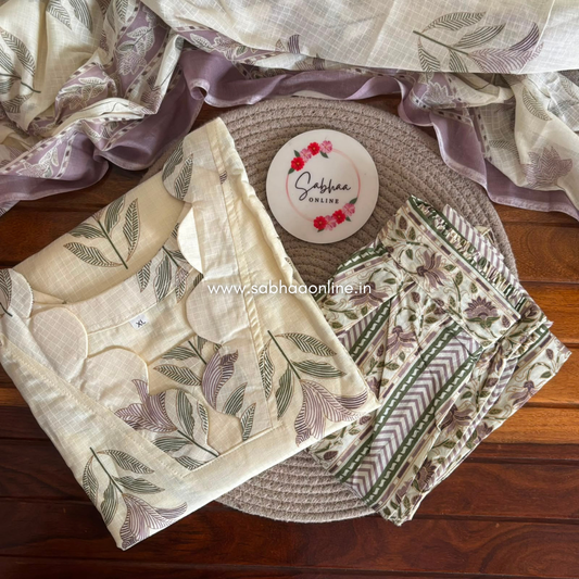 Imra - Off white and mauve cotton kurti 3pc set with lining - LN 66