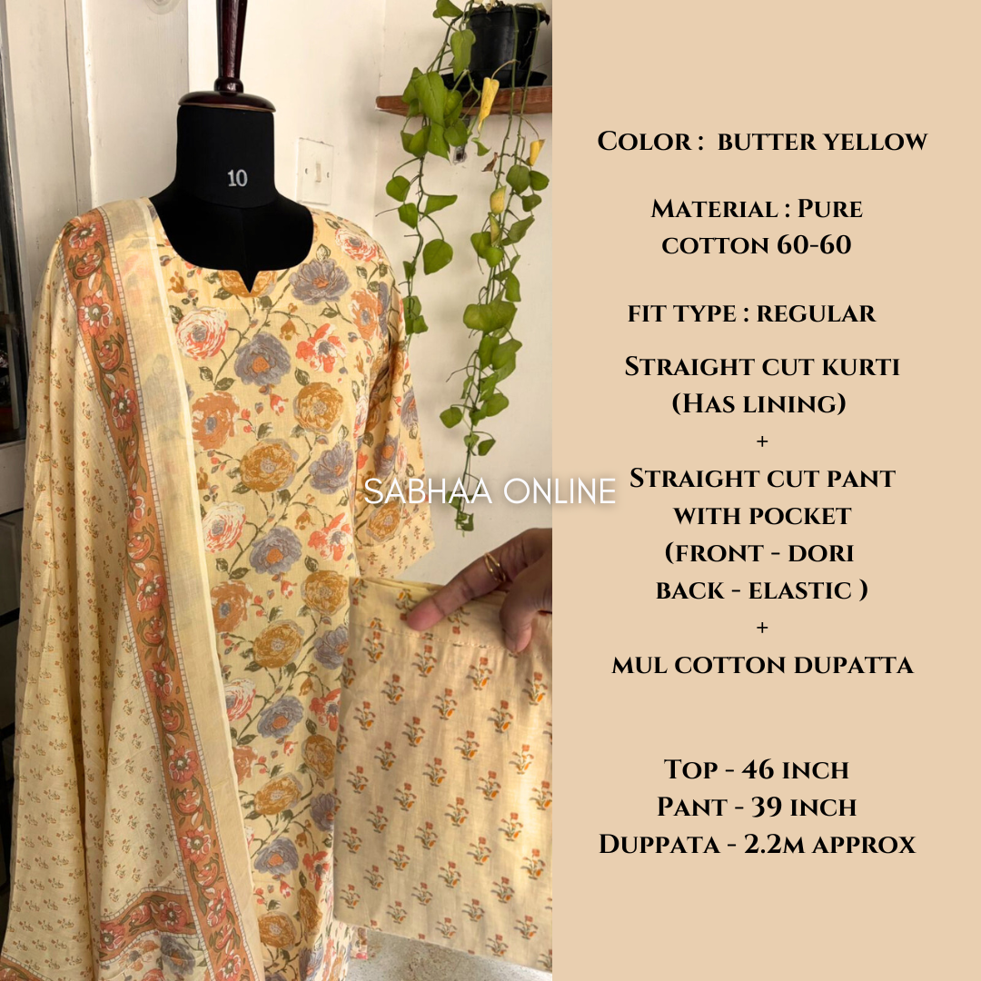 Benny - Butter Yellow Cotton Kurti 3pc set with lining - LN14