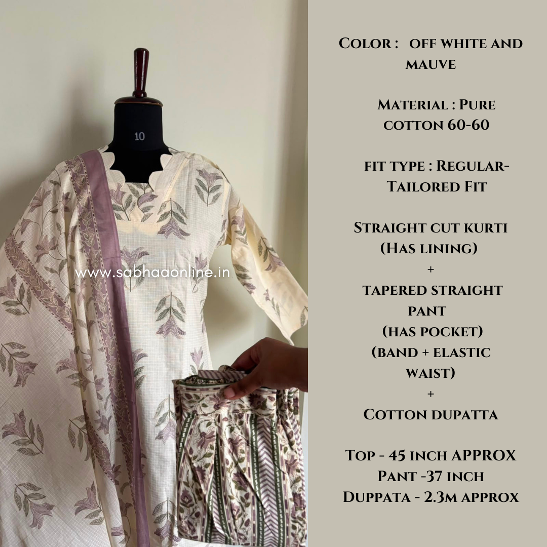 Imra - Off white and mauve cotton kurti 3pc set with lining - LN 66