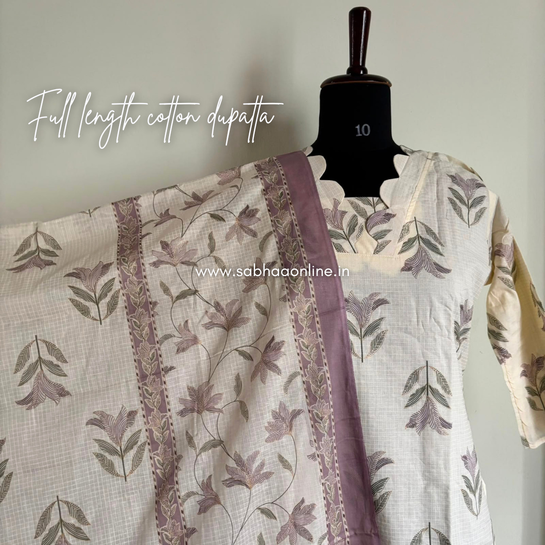 Imra - Off white and mauve cotton kurti 3pc set with lining - LN 66