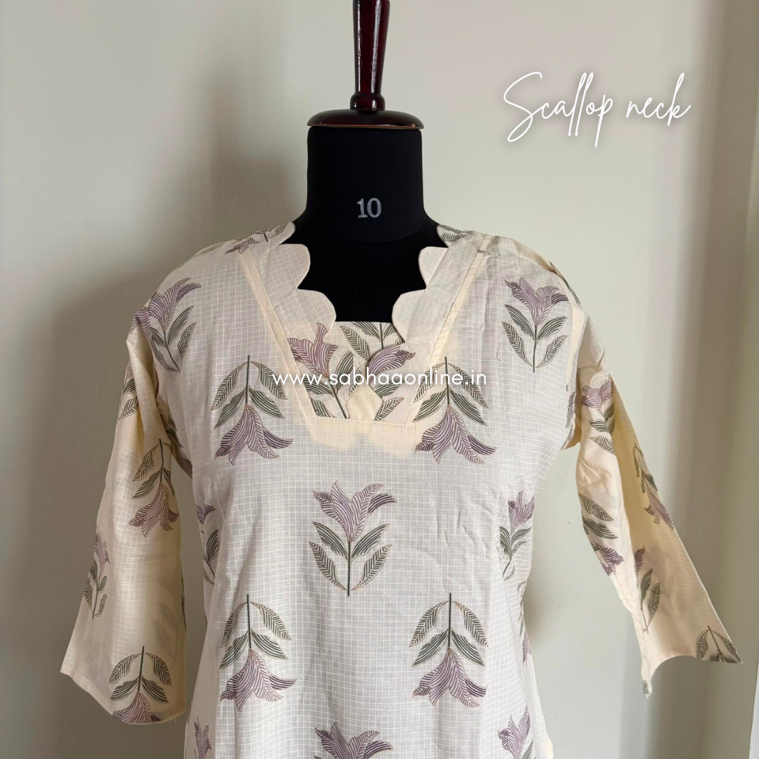 Imra - Off white and mauve cotton kurti 3pc set with lining - LN 66
