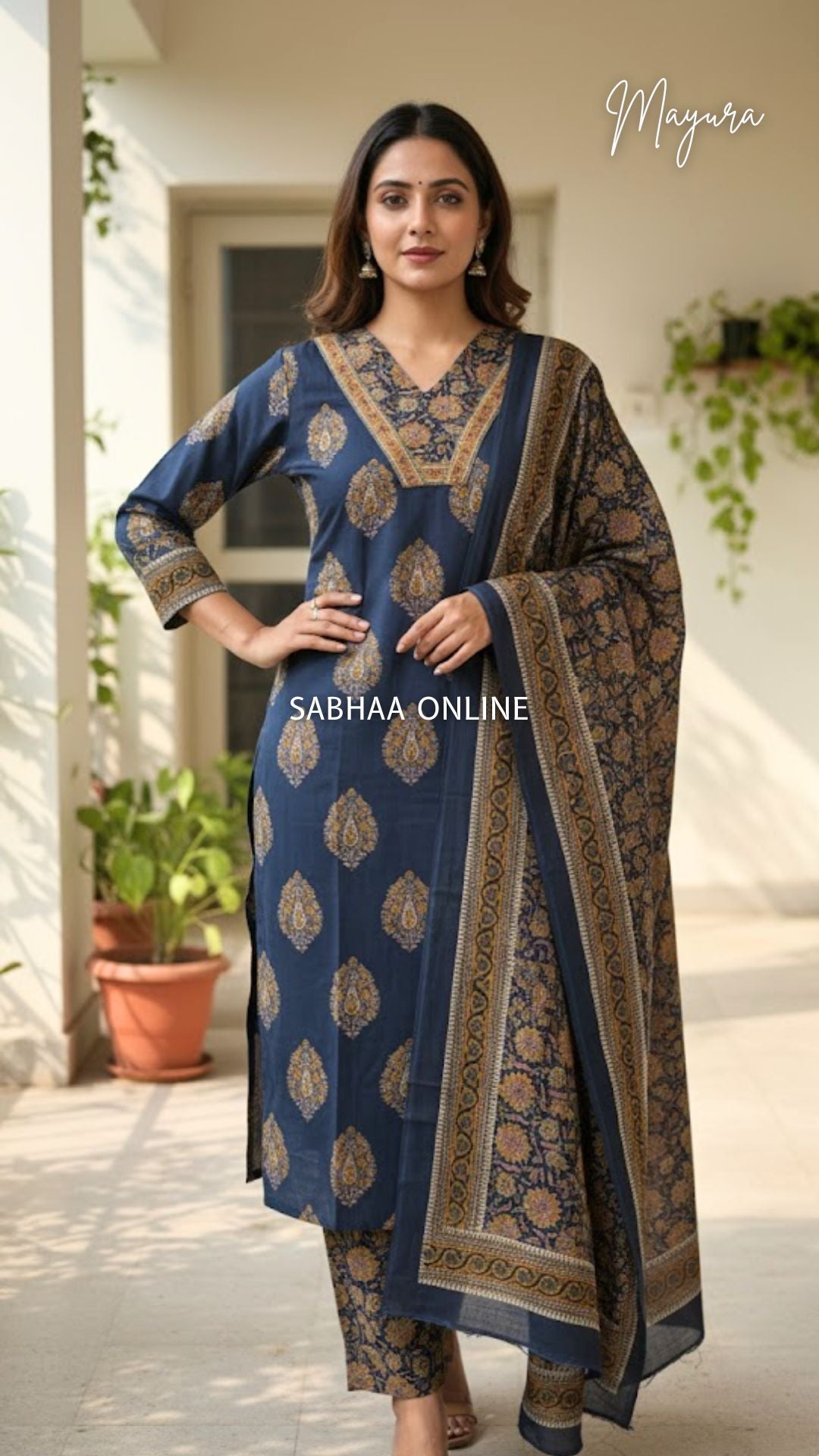 Mayura - Navy Blue Cotton Kurti 3pc set with lining