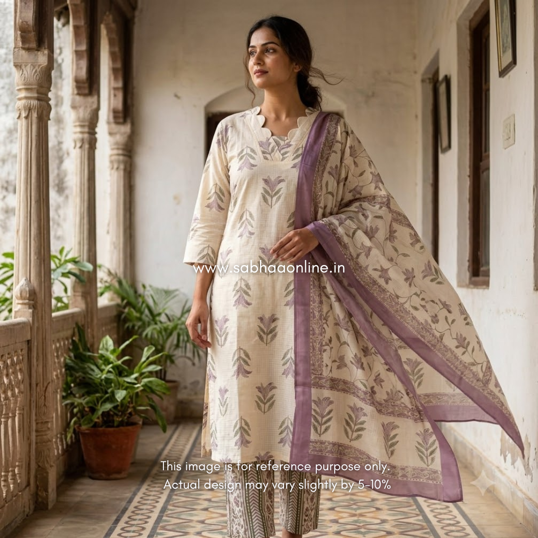 Imra - Off white and mauve cotton kurti 3pc set with lining - LN 66