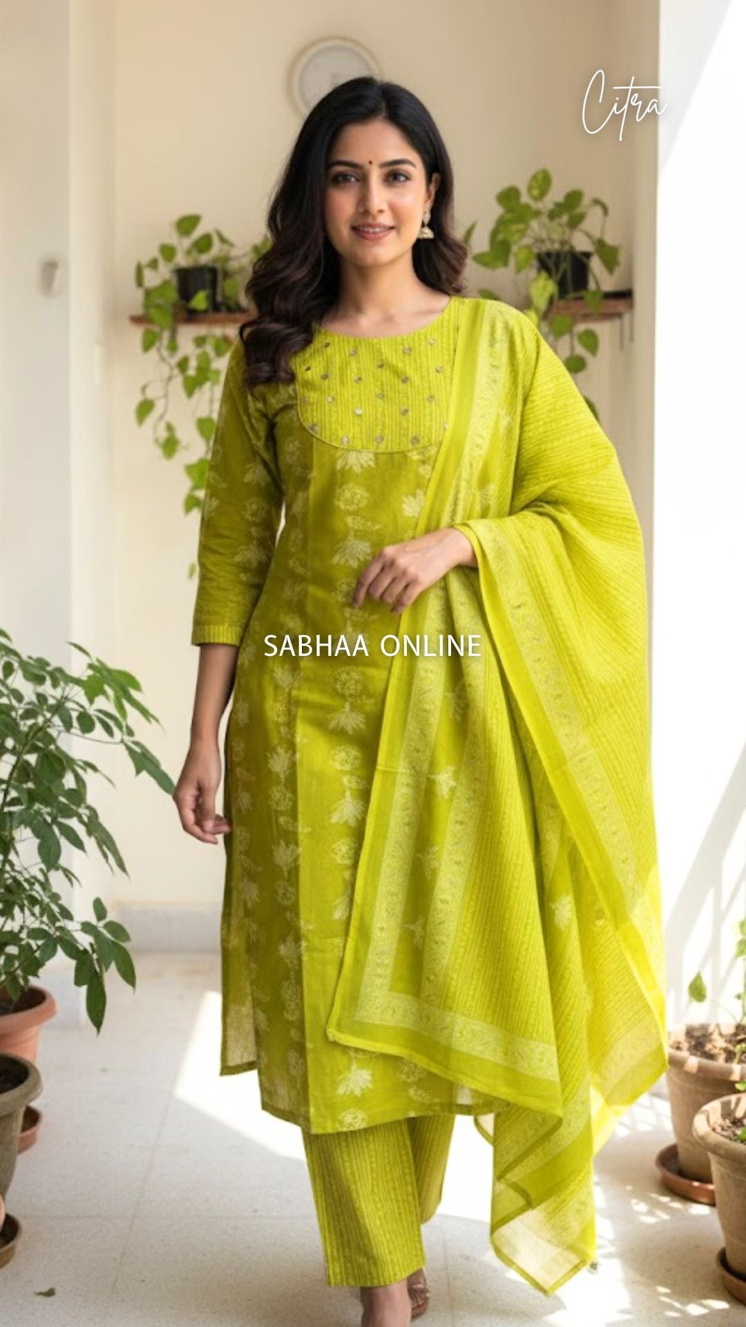 Citra - Lemon green Cotton Kurti 3pc set with lining