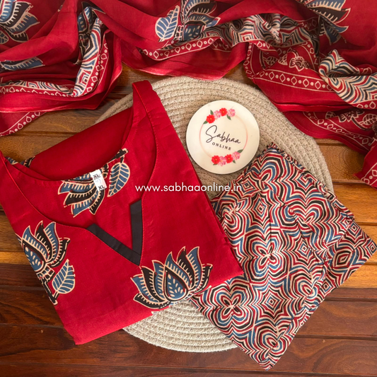 Vaijantha - Red Lotus Cotton kurti 3pc set with lining - LN 66
