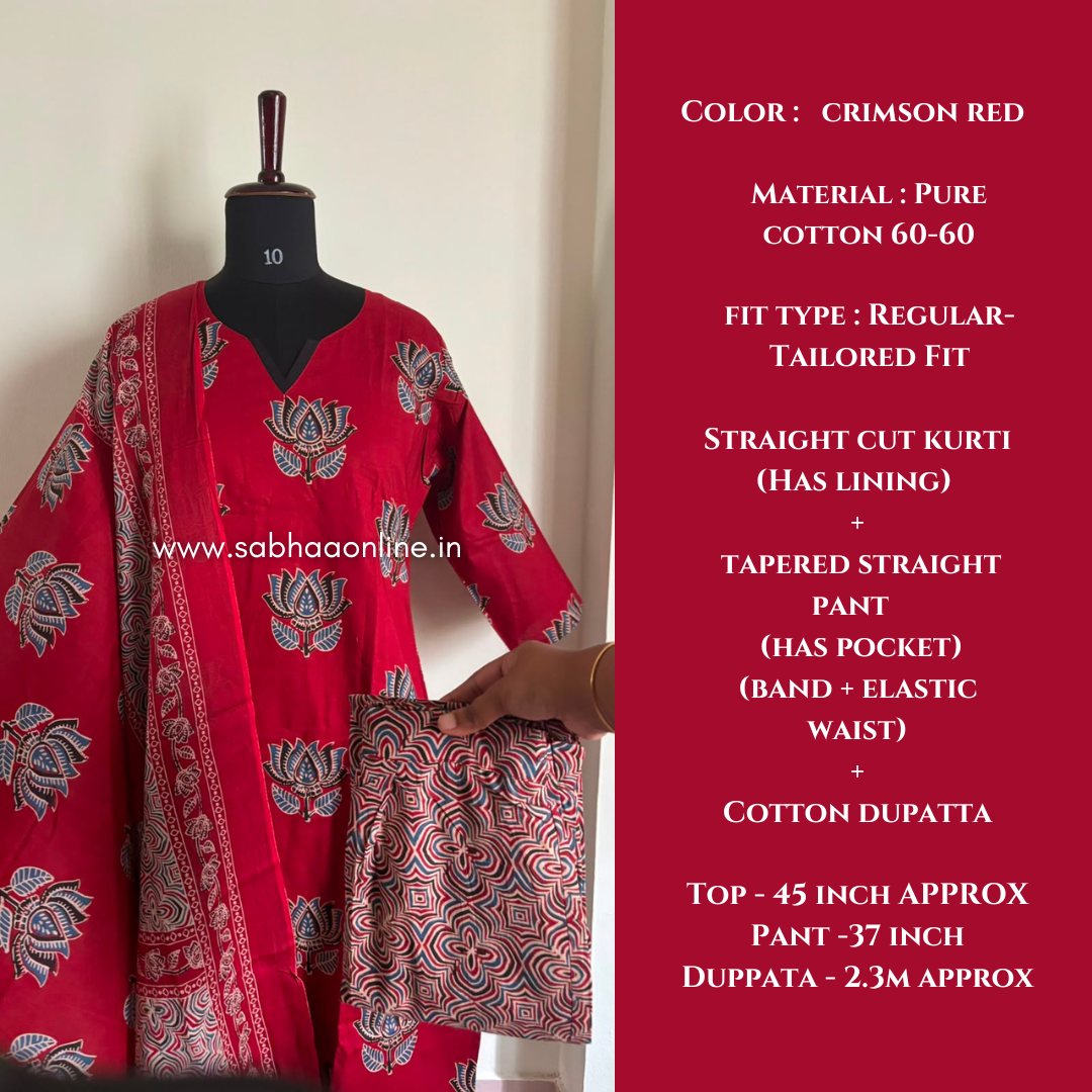 Vaijantha - Red Lotus Cotton kurti 3pc set with lining - LN 66