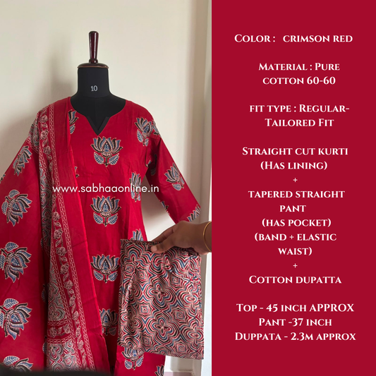 Vaijantha - Red Lotus Cotton kurti 3pc set with lining - LN 66