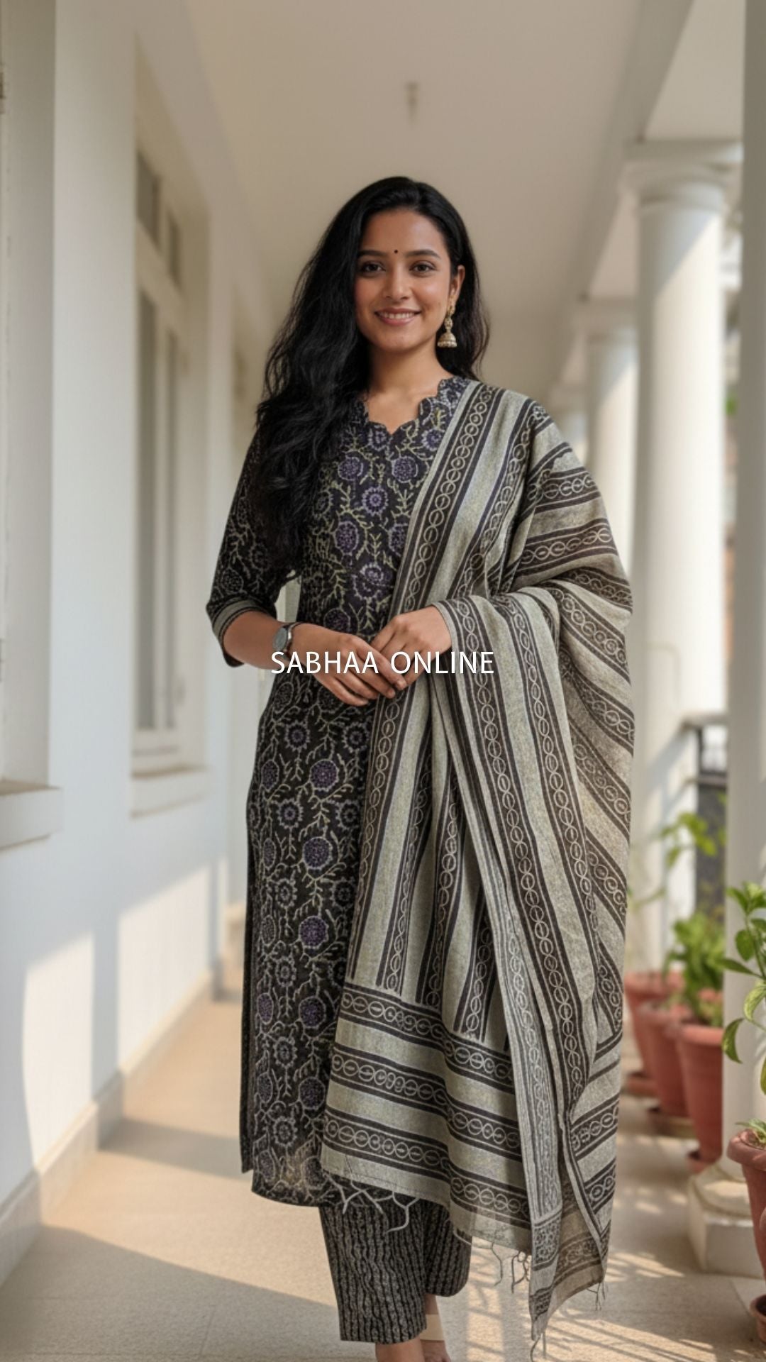 Raksha - Black and grey Cotton Kurti 3pc set with lining - LN6