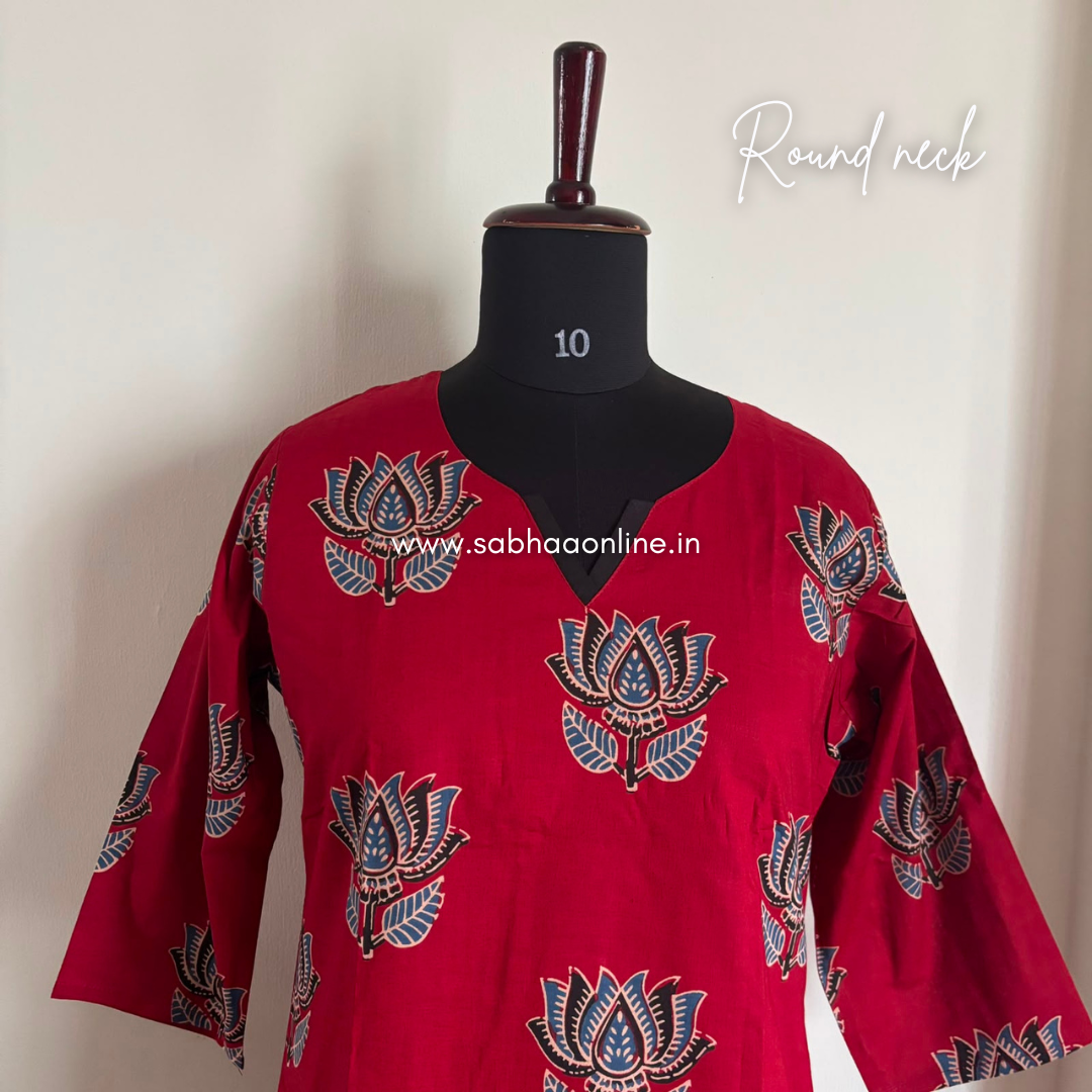 Vaijantha - Red Lotus Cotton kurti 3pc set with lining - LN 66