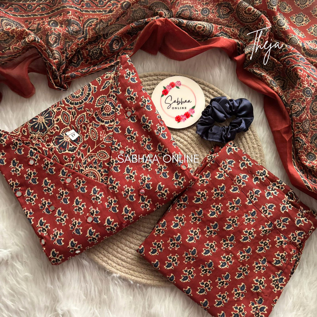 Theja - Brick red Ajrakh Cotton kurti 3pc set with lining