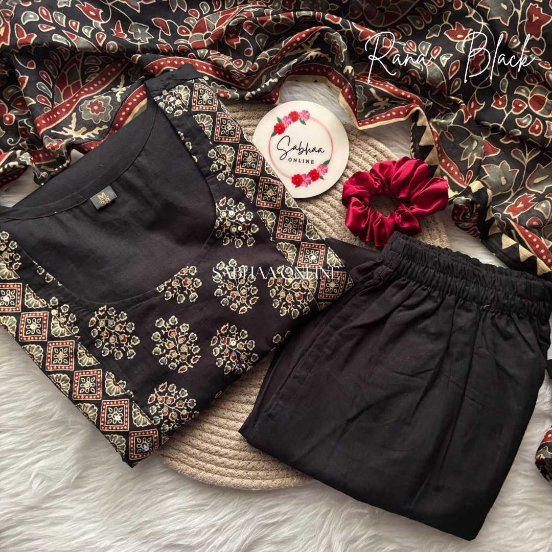 Rana - Black Solid + Ajrak printed Cotton Kurti 3pc set