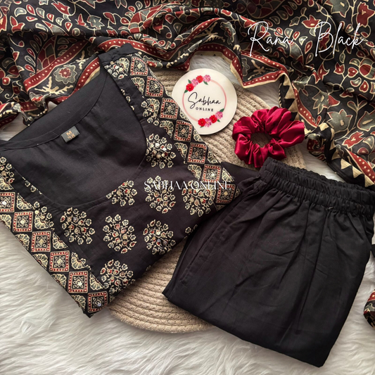 Rana - Black Solid + Ajrak printed Cotton Kurti 3pc set