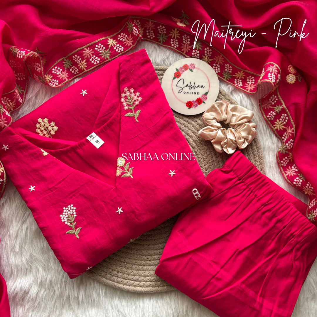 Maithreyi - Rani Pink Premium Mul Chanderi Kurti 3pc set with lining (Slim fit)