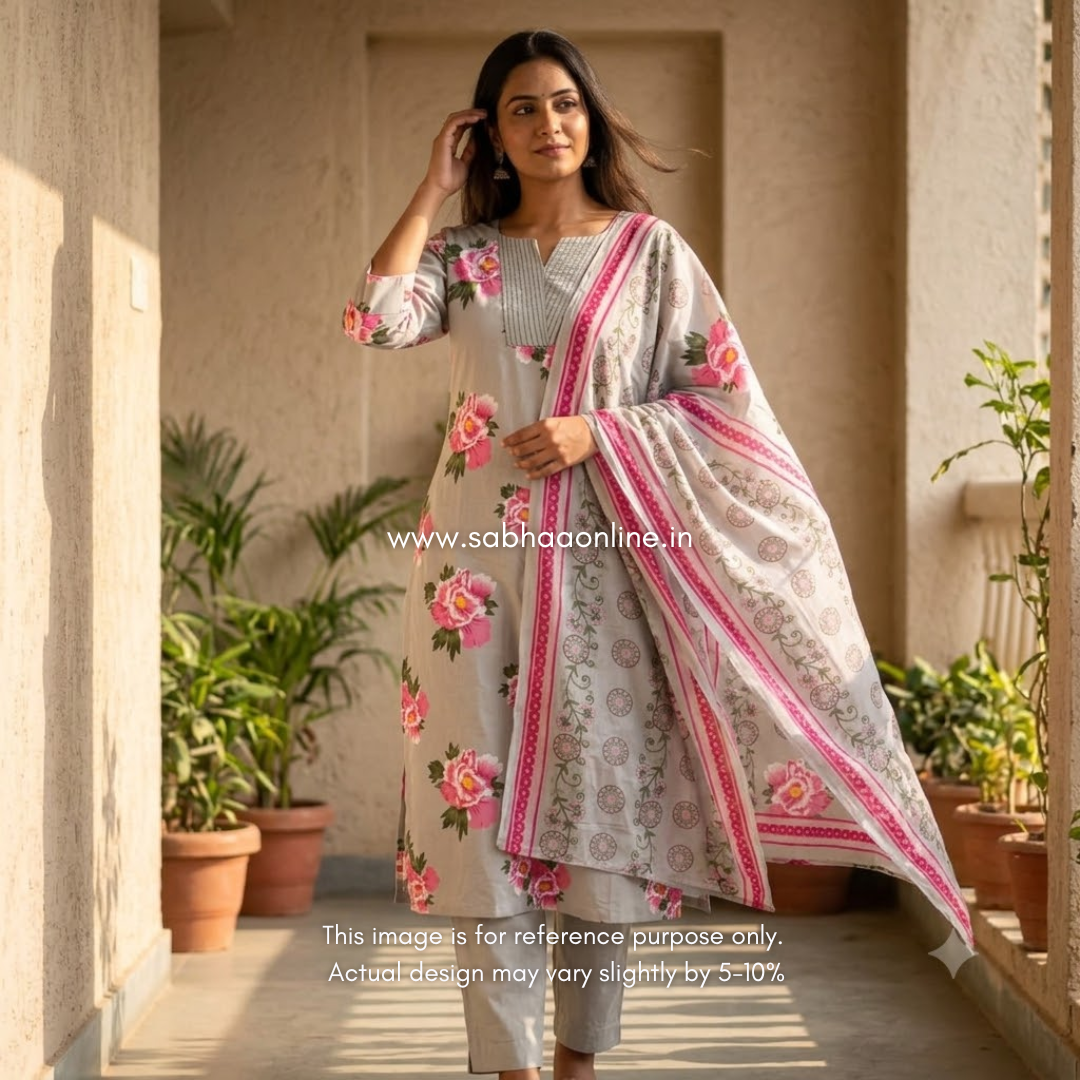 Malaviya - Muted Olive green Cotton kurti 3pc set with lining - LN 65