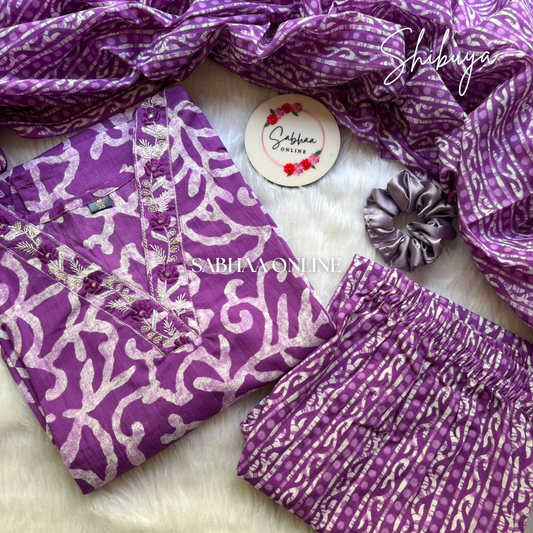 Shibuya - Purple Cotton Kurti 3pc set