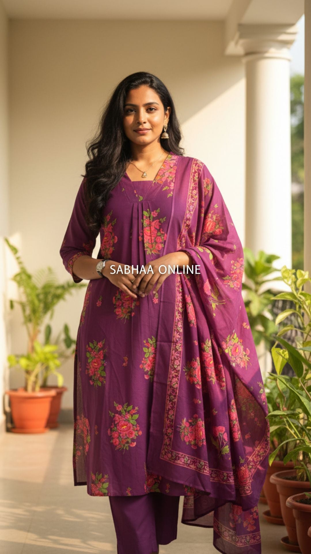 Farah - Grape purple and pink Cotton kurti 3pc set with lining - LN6