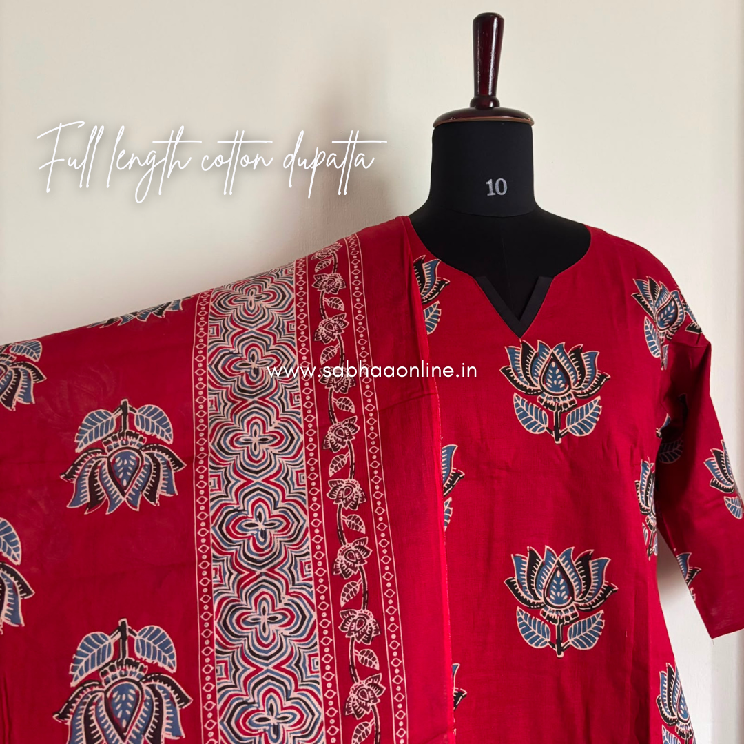 Vaijantha - Red Lotus Cotton kurti 3pc set with lining - LN 66