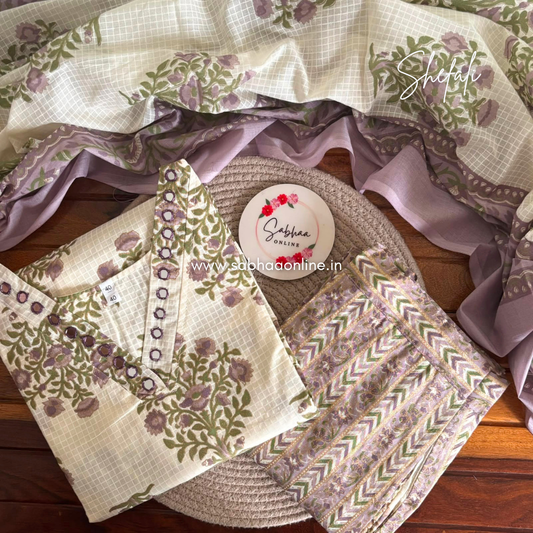Shefali - Off White and Lavendar Sanganeri print Cotton kurti 3pc set with lining