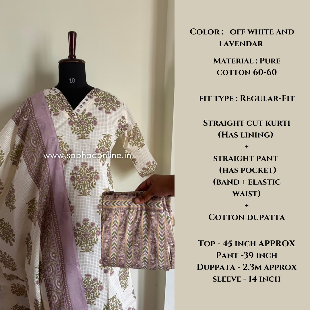 Shefali - Off White and Lavendar Sanganeri print Cotton kurti 3pc set with lining
