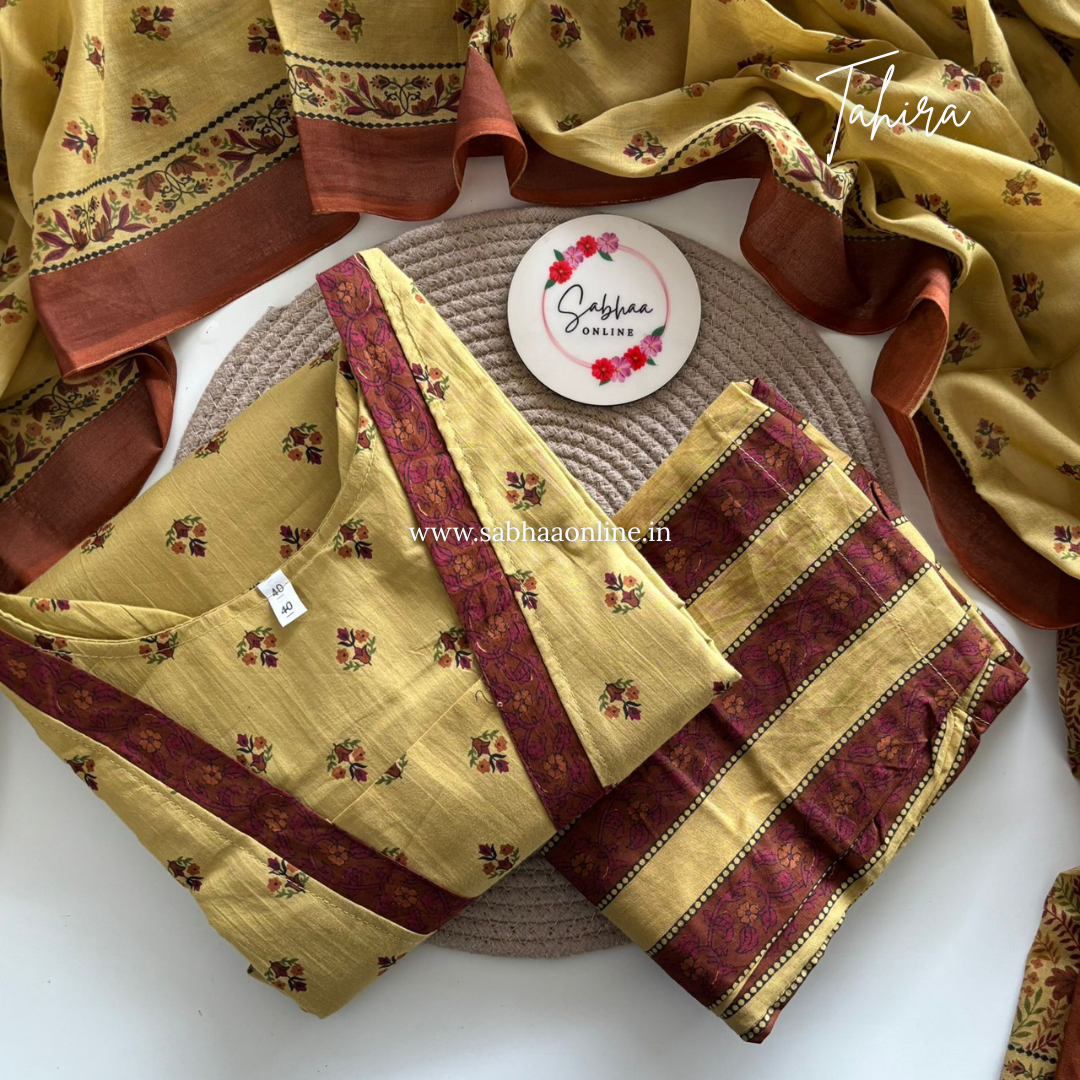 Tahira - Straw yellow with a mix of brown and maroon Cotton kurti 3pc set with lining - LN26