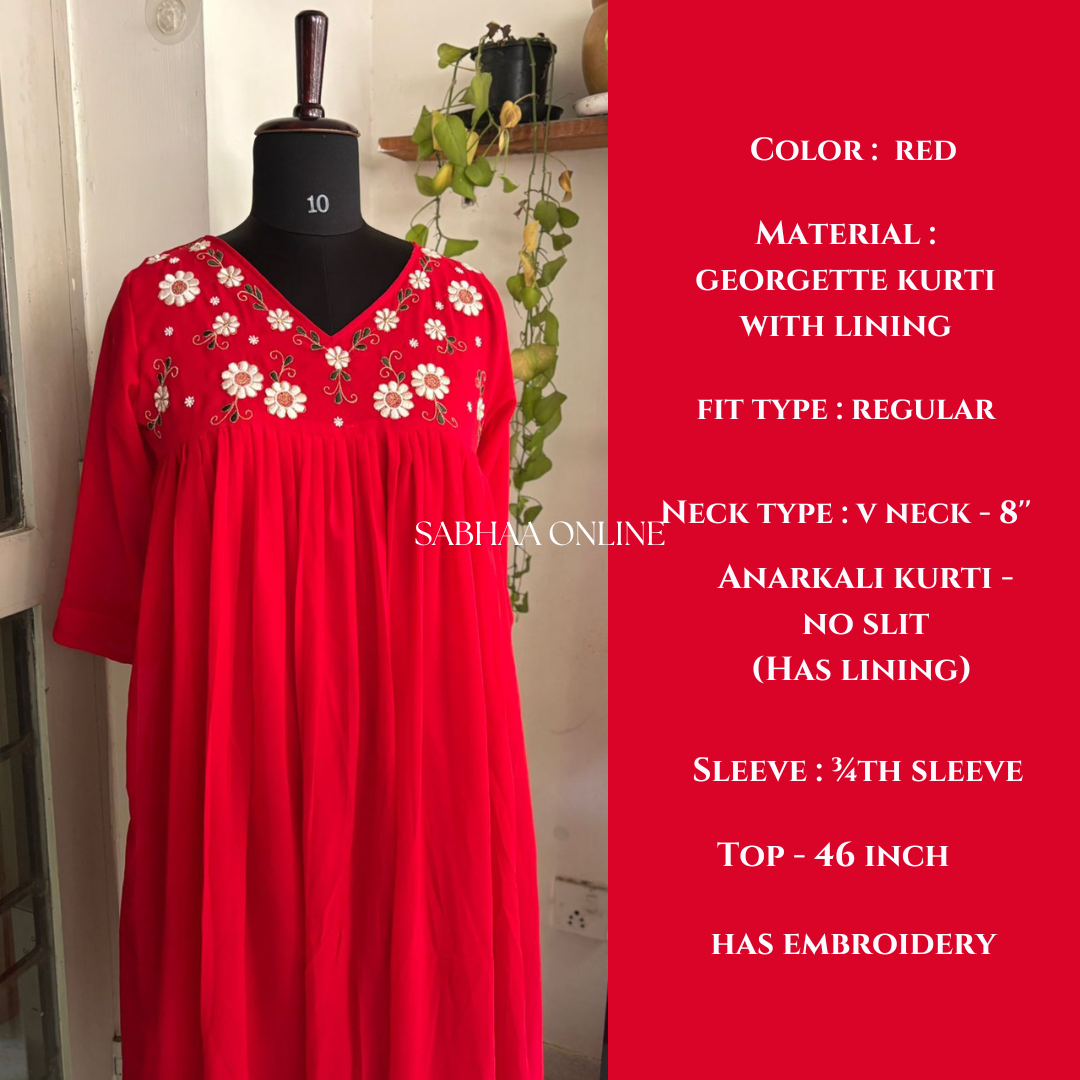 Monica - Red Embroidered Georgette Kurti with lining - LN 16