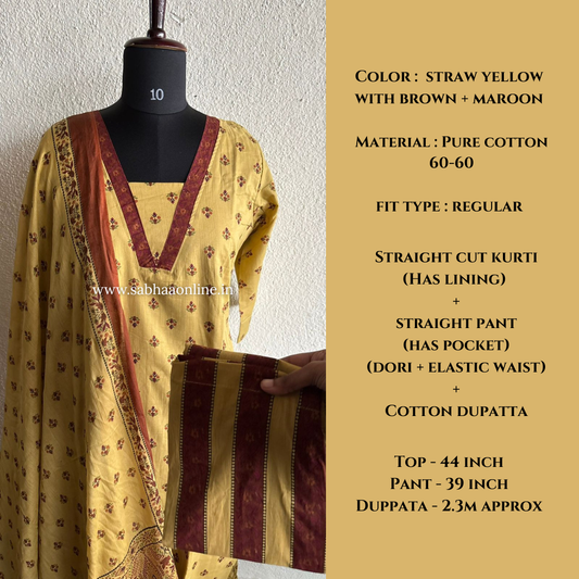 Tahira - Straw yellow with a mix of brown and maroon Cotton kurti 3pc set with lining - LN26