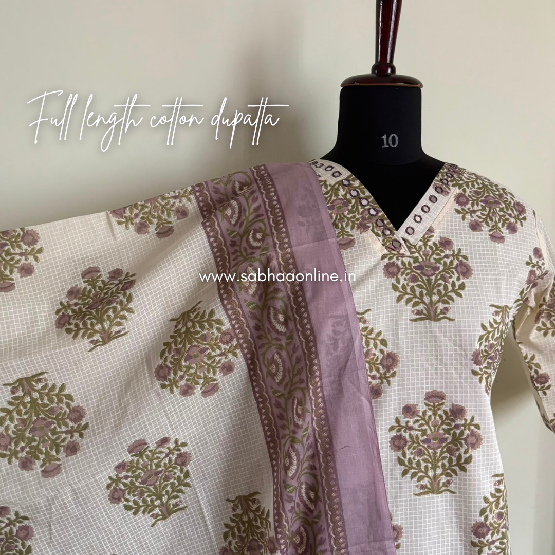 Shefali - Off White and Lavendar Sanganeri print Cotton kurti 3pc set with lining